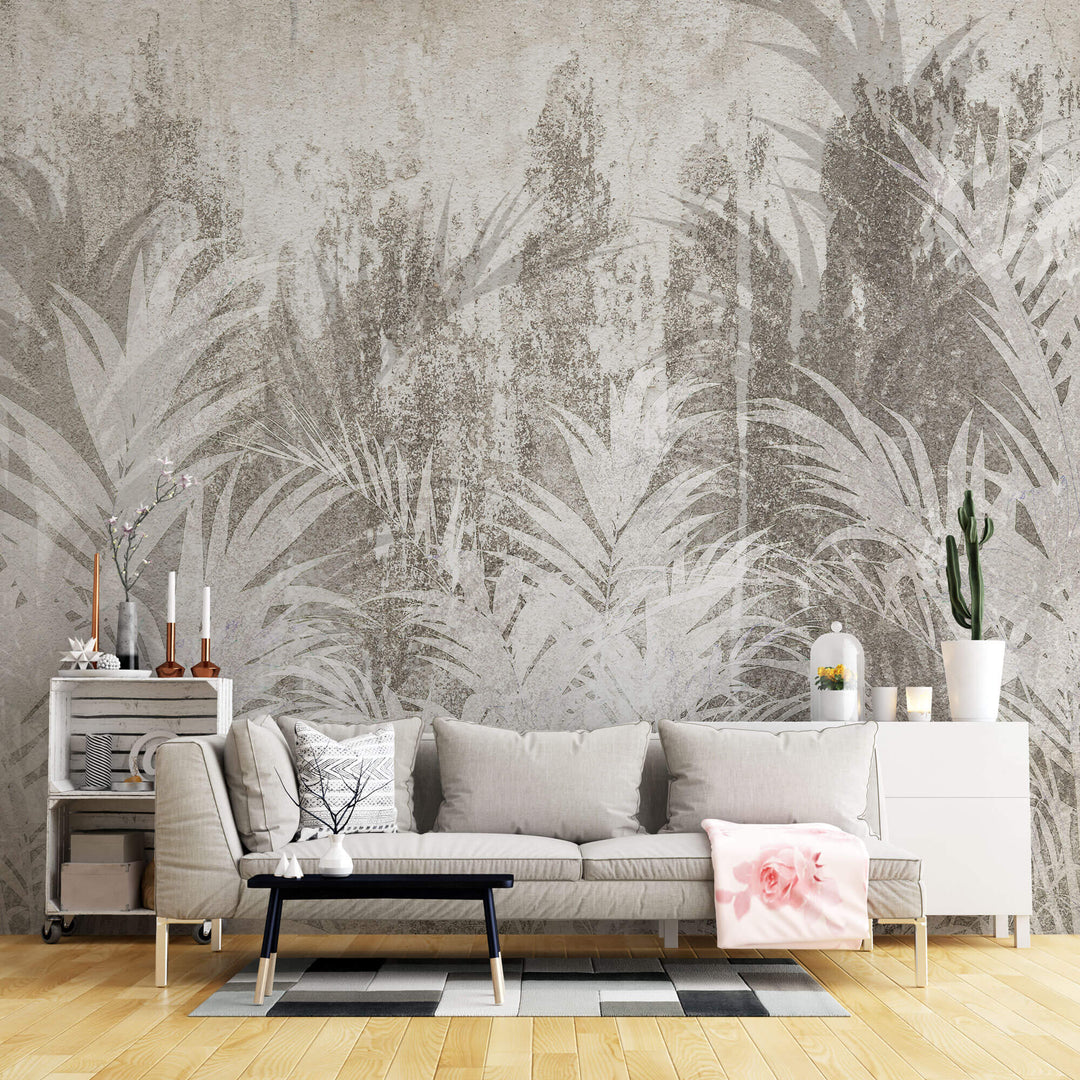 Tapet Personalizat Leaf cu frunze pe un fundal texturat in stil stucco bej - SCATTERED LEAVES