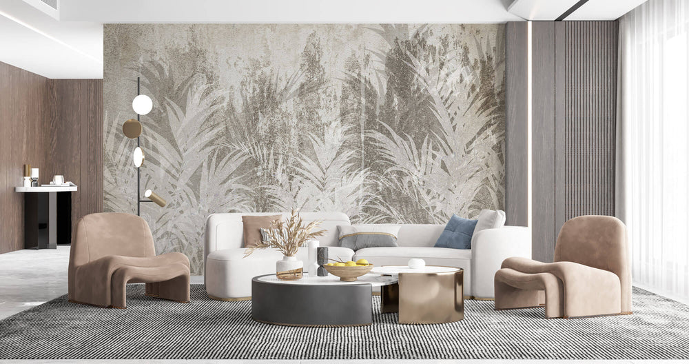 Tapet Personalizat Leaf cu frunze pe un fundal texturat in stil stucco bej - SCATTERED LEAVES