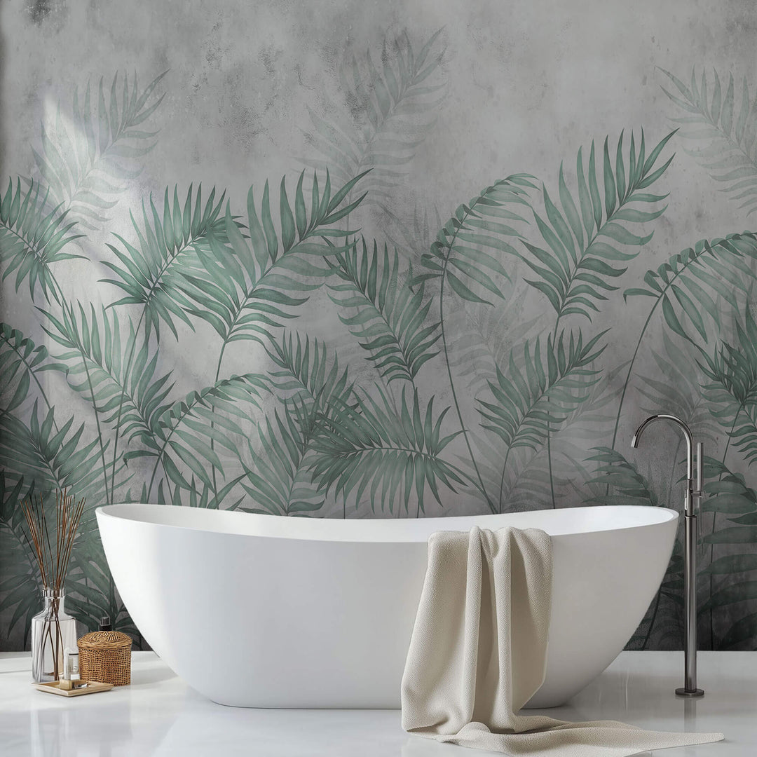 Tapet Personalizat Leaf cu ilustratie cu frunze verzi de palmier intr-un fundal gri - MINTY DARK LEAVES