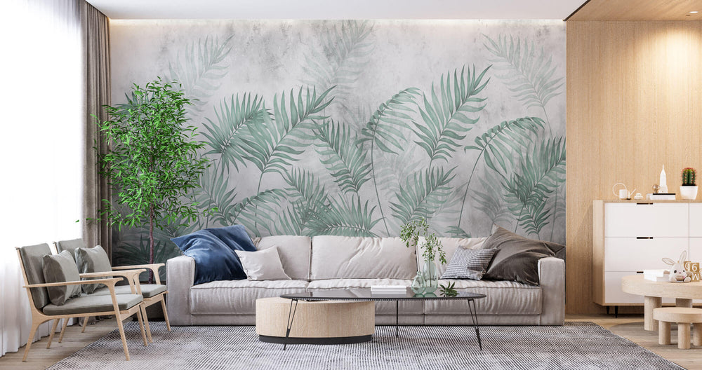Tapet Personalizat Leaf cu ilustratie cu frunze verzi de palmier intr-un fundal gri - MINTY DARK LEAVES