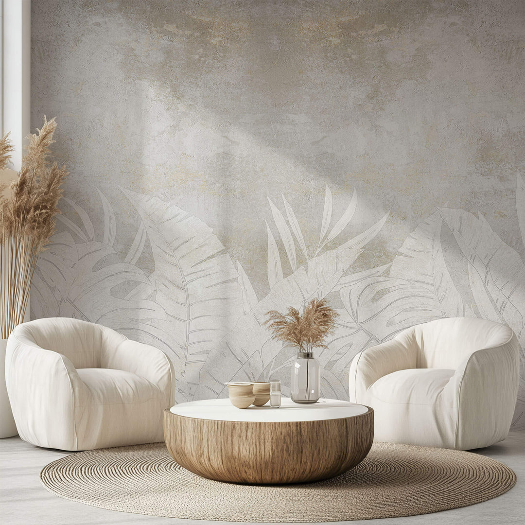 Tapet Personalizat Leaf cu frunze deschise pe un fundal stucco gri - FADED STUCCO LEAVES