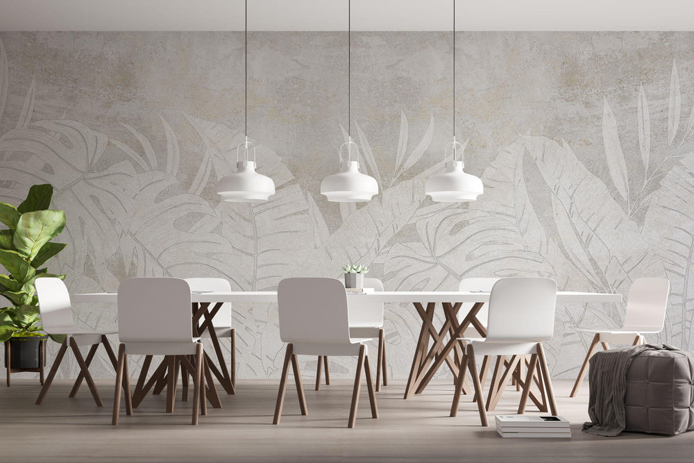Tapet Personalizat Leaf cu frunze deschise pe un fundal stucco gri - FADED STUCCO LEAVES