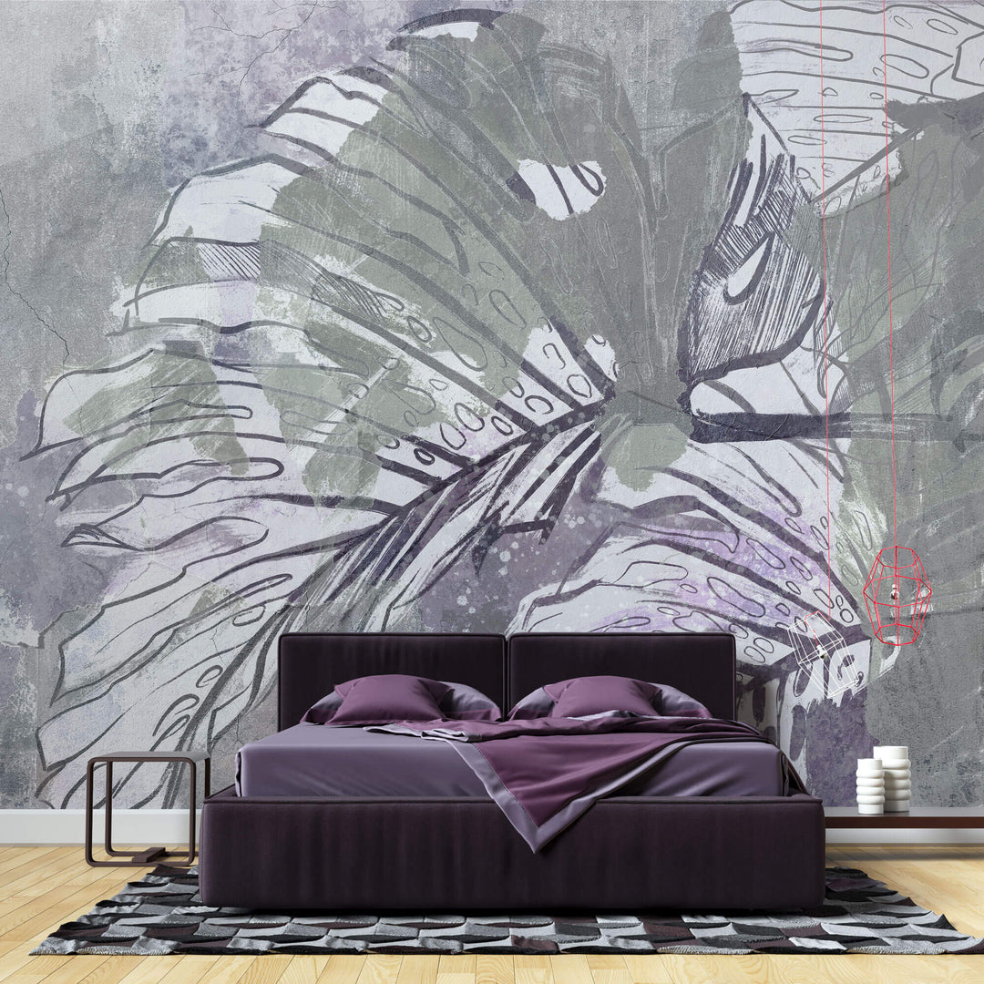 Tapet Personalizat Leaf cu frunze de monstera in culori de accent mov si verde - LILA MONSTERA