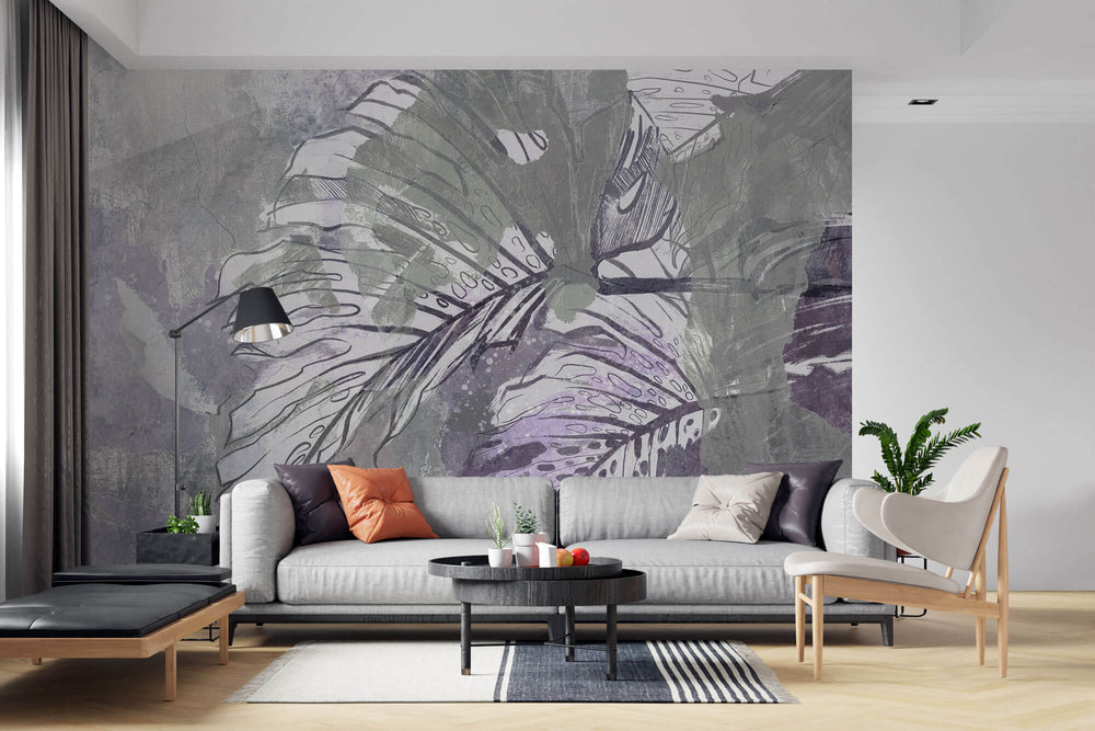 Tapet Personalizat Leaf cu frunze de monstera in culori de accent mov si verde - LILA MONSTERA