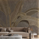 Tapet Personalizat Leaf cu frunze in stil plaster in relief in nuante aurii - NUDE GREY BANANA