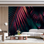 Tapet Personalizat Leaf cu frunze de palmier roz si verde inchis - MYSTIQUE PINK