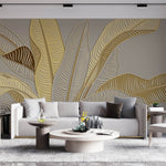 Tapet Personalizat Leaf cu frunze in stil plaster in relief in nuante aurii - CREAM GREY BANANA