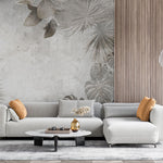 Tapet Personalizat Leaf cu frunze maronii estompate in fundalul gri de perete texturat - CEMENT PRINTED LEAVES