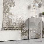 Tapet Personalizat Leaf cu frunze maronii estompate in fundalul gri de perete texturat - CEMENT PRINTED LEAVES