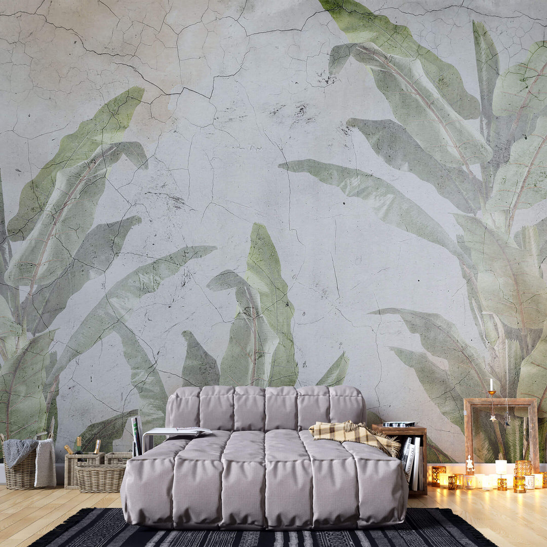 Tapet Personalizat Leaf cu bananieri in fundal stucco vintage - CRACKED WALL LEAVES
