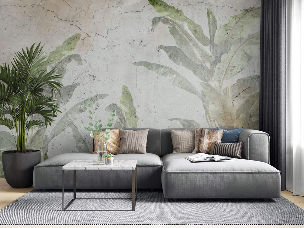 Tapet Personalizat Leaf cu bananieri in fundal stucco vintage - CRACKED WALL LEAVES
