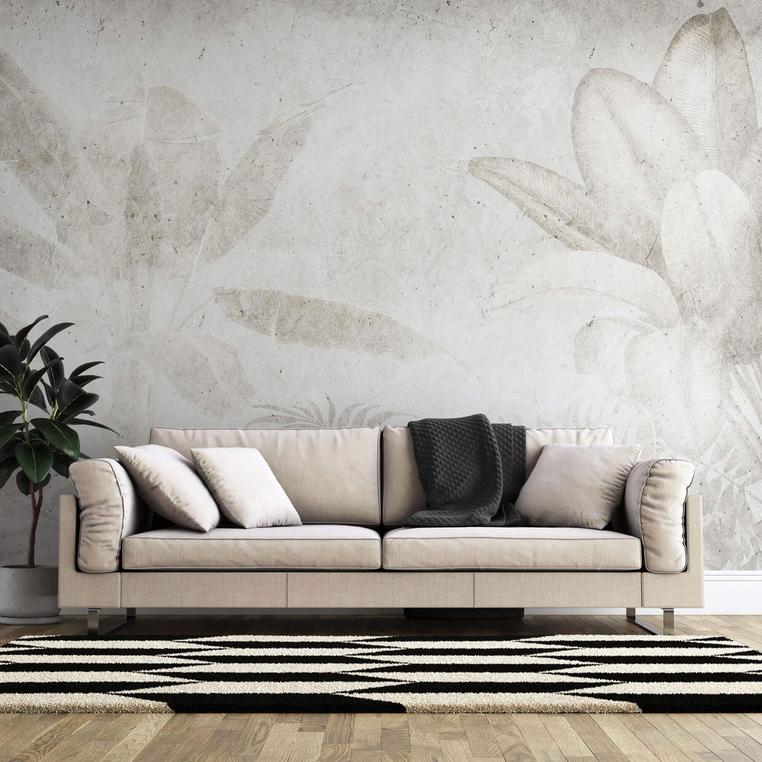 Tapet Personalizat Leaf frunze exotice in nuante deschise cu fundal texturat - LIGHT CONCRETE LEAF
