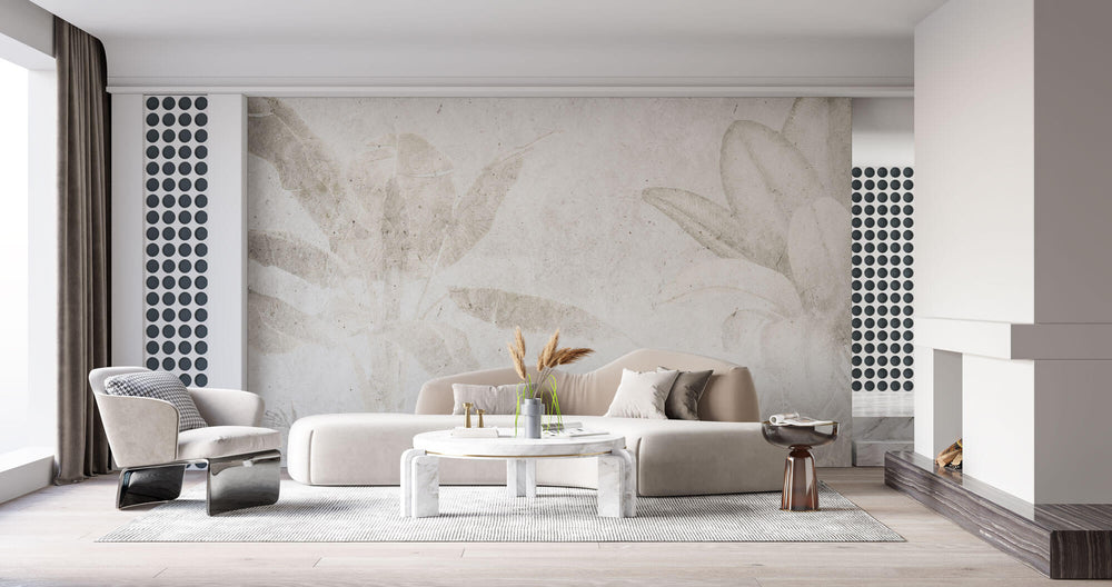 Tapet Personalizat Leaf frunze exotice in nuante deschise cu fundal texturat - LIGHT CONCRETE LEAF