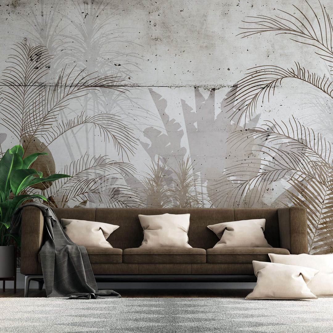 Tapet Personalizat Leaf cu frunze maronii pe un fundal de perete de ciment - CEMENT BLOCK LEAVES