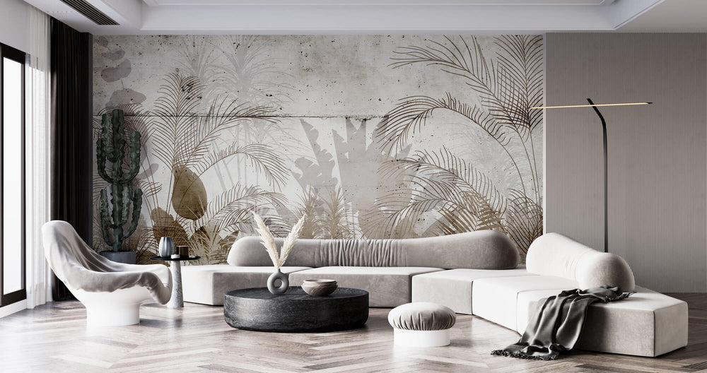 Tapet Personalizat Leaf cu frunze maronii pe un fundal de perete de ciment - CEMENT BLOCK LEAVES