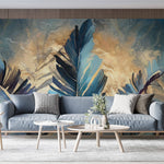 Tapet Personalizat Leaf cu frunze pictate albastre si insertii aurii - BLUE PAINTED LEAVES