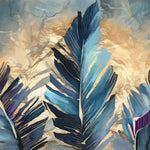 Tapet Personalizat Leaf cu frunze pictate albastre si insertii aurii - BLUE PAINTED LEAVES