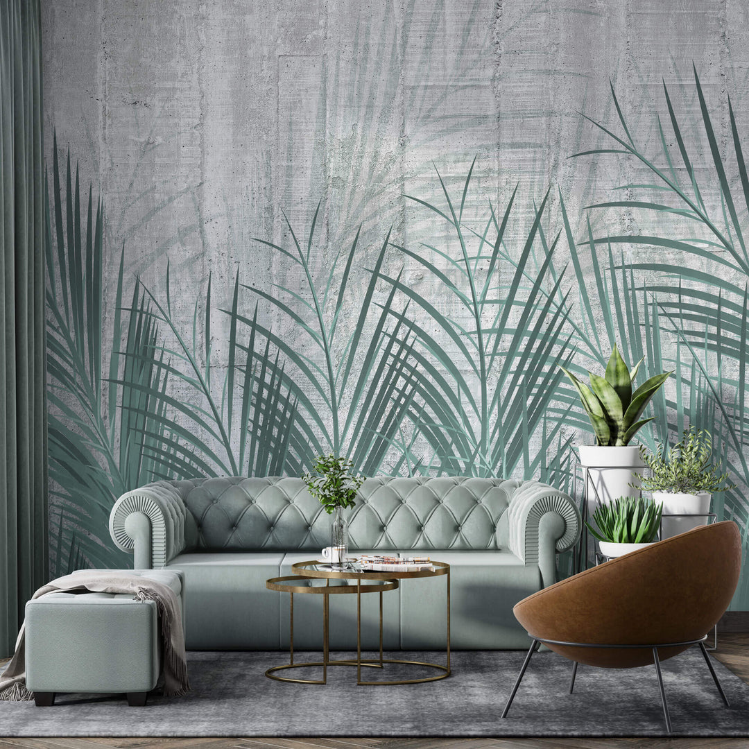 Tapet Personalizat Leaf cu frunze de palmier verde si fundal de ciment - CYAN LEAVES CONCRETE