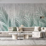 Tapet Personalizat Leaf cu frunze de palmier verde si fundal de ciment - CYAN LEAVES CONCRETE