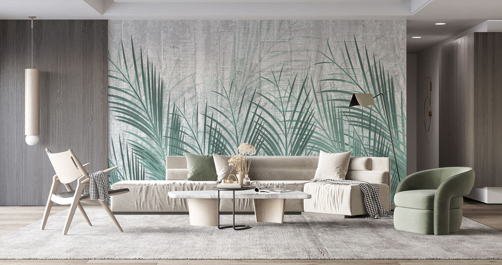 Tapet Personalizat Leaf cu frunze de palmier verde si fundal de ciment - CYAN LEAVES CONCRETE