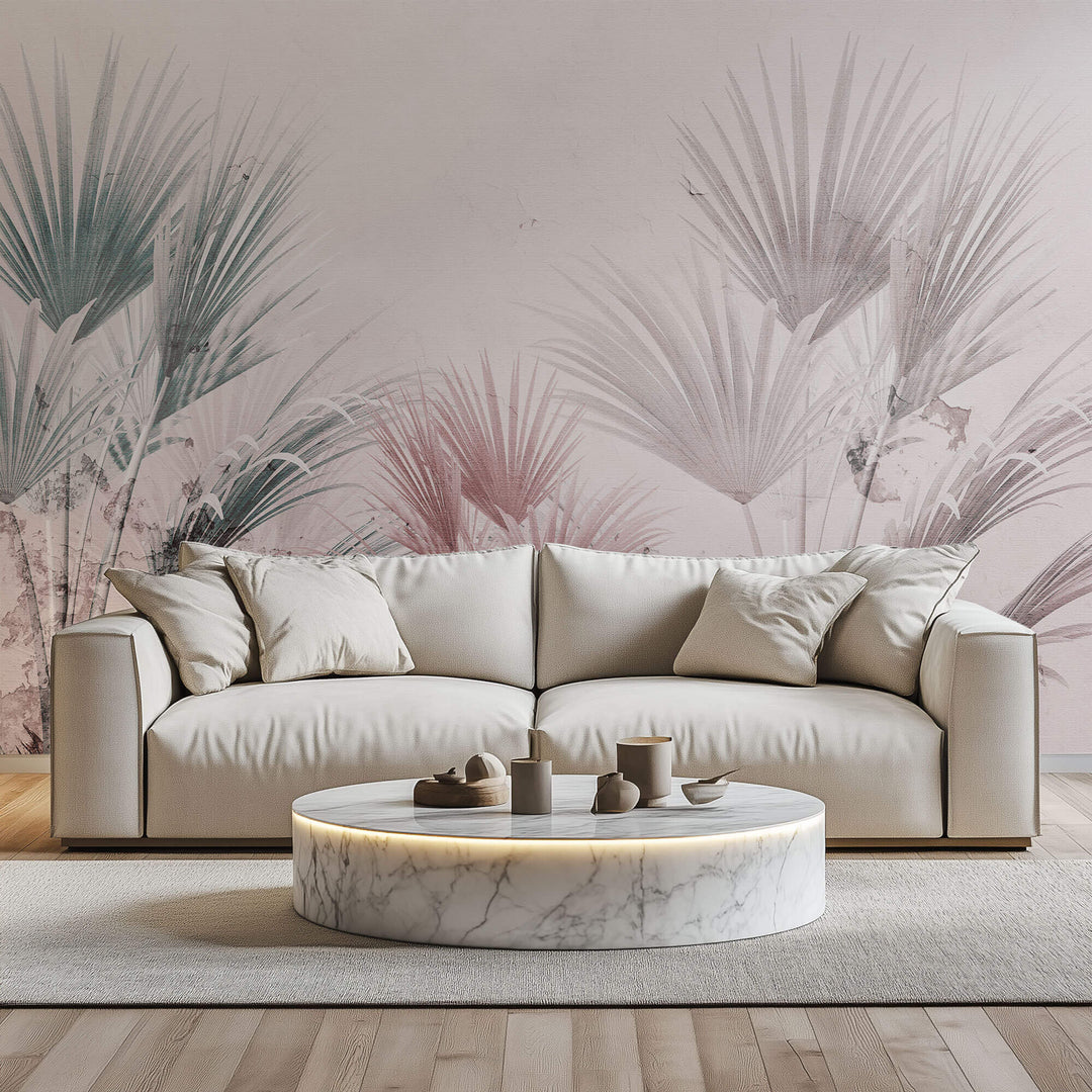 Tapet Personalizat Leaf cu frunze de palmier intr-un fundal roz texturat - DUSTY PINK CANVAS