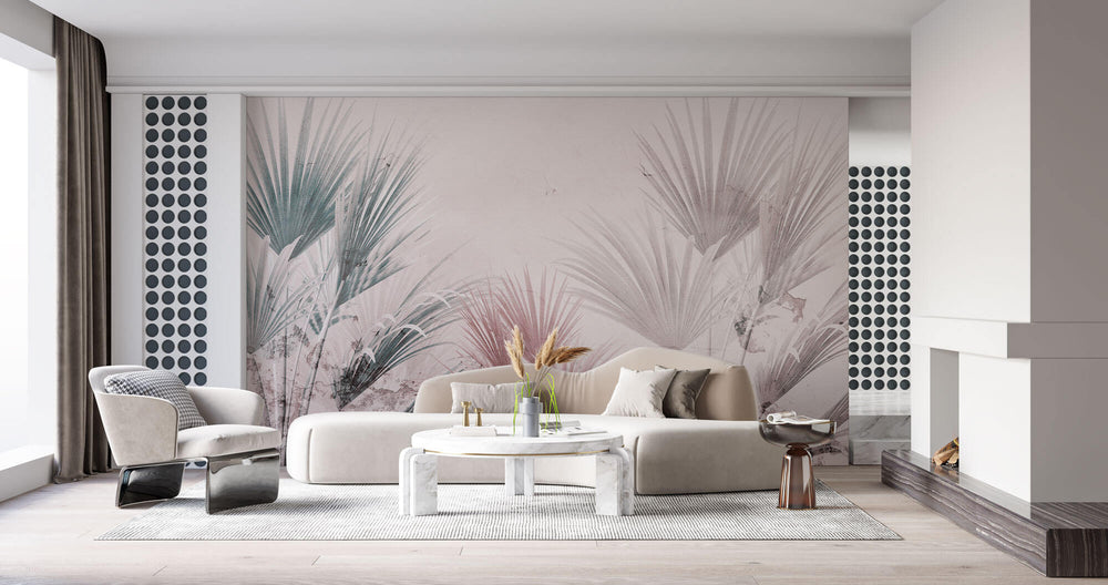 Tapet Personalizat Leaf cu frunze de palmier intr-un fundal roz texturat - DUSTY PINK CANVAS