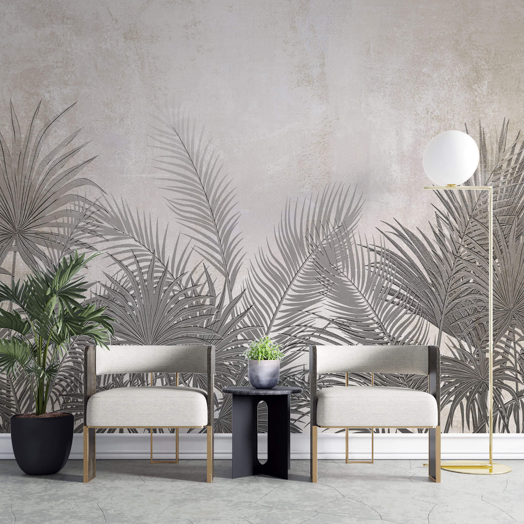 Tapet Personalizat Leaf cu frunze de palmier ilustrate pe un perete texturat crem - DEEP TEXTURE PALM
