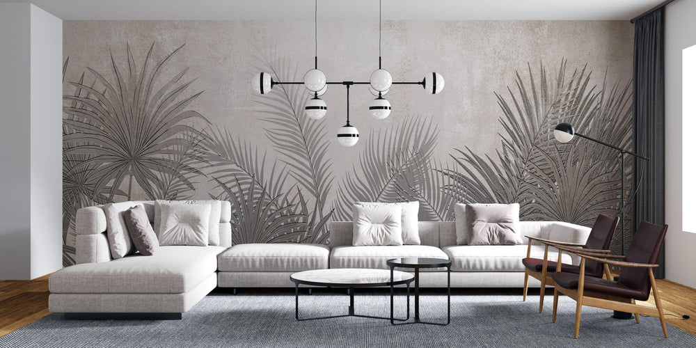 Tapet Personalizat Leaf cu frunze de palmier ilustrate pe un perete texturat crem - DEEP TEXTURE PALM