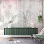 Tapet Personalizat Leaf cu frunze pe un fundal rozaliu de lemn alb vechi - WOODEN LEAVES PINK