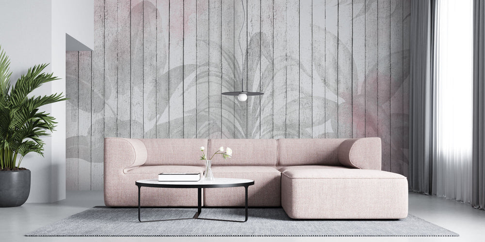 Tapet Personalizat Leaf cu frunze pe un fundal rozaliu de lemn alb vechi - WOODEN LEAVES PINK