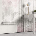 Tapet Personalizat Leaf cu frunze pe un fundal rozaliu de lemn alb vechi - WOODEN LEAVES PINK