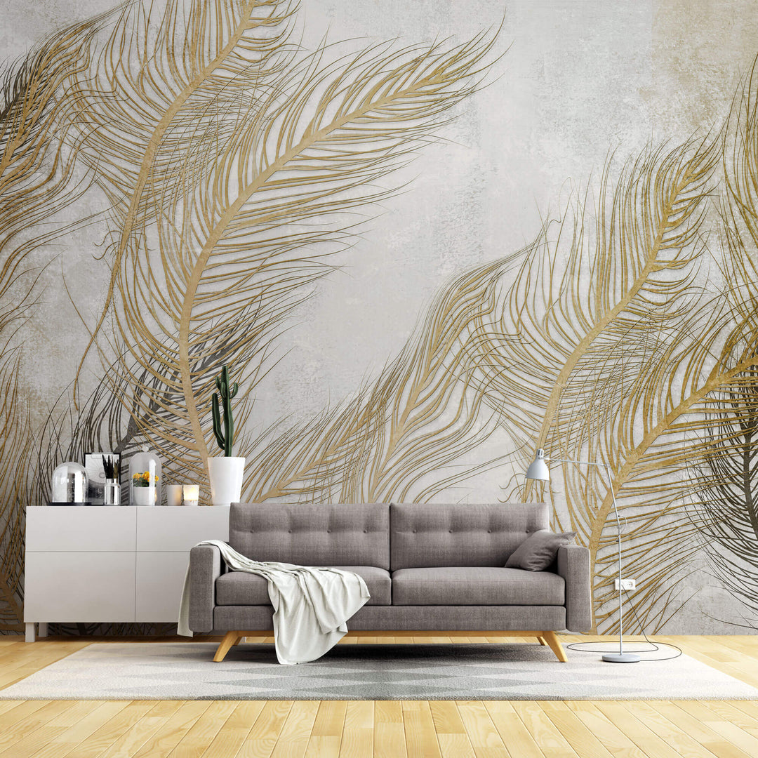 Tapet Personalizat Leaf cu frunze oundulate aurii pe fundal gri - WAVY LEAVES