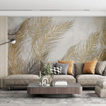 Tapet Personalizat Leaf cu frunze oundulate aurii pe fundal gri - WAVY LEAVES