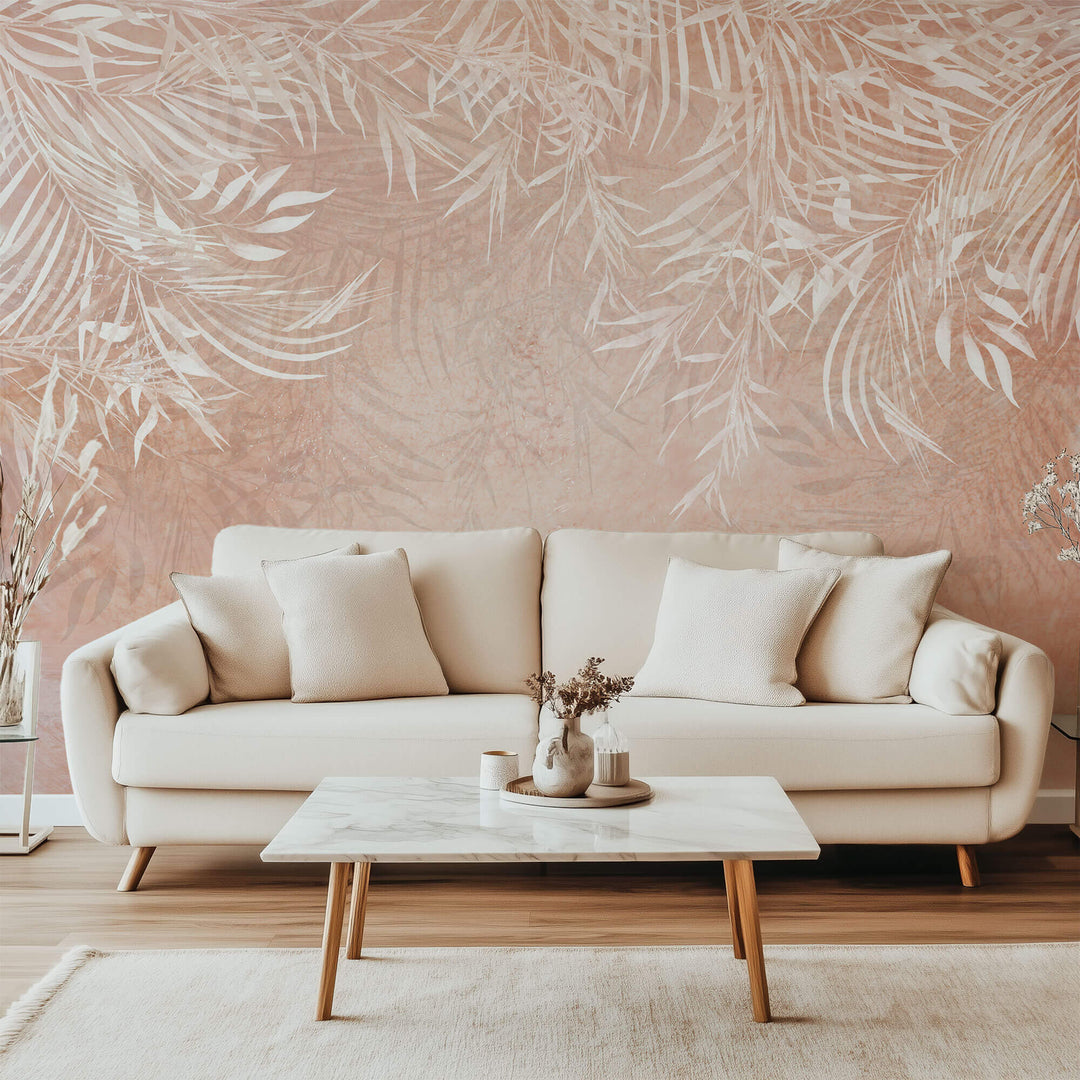 Tapet Personalizat Leaf cu frunze de bambus albe pe fundal roz - PEACHY BAMBOO