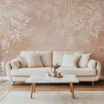 Tapet Personalizat Leaf cu frunze de bambus albe pe fundal roz - PEACHY BAMBOO