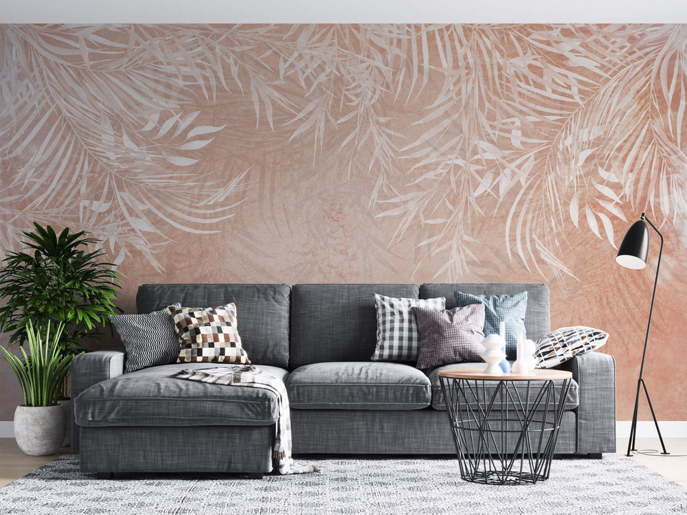 Tapet Personalizat Leaf cu frunze de bambus albe pe fundal roz - PEACHY BAMBOO