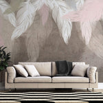 Tapet Personalizat Leaf cu pene albe si roz pe fundal maro texturat - DREAMY STUCCO LEAVES
