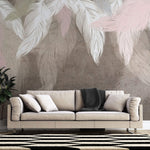 Tapet Personalizat Leaf cu pene albe si roz pe fundal maro texturat - DREAMY STUCCO LEAVES