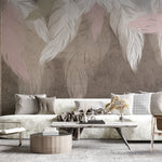 Tapet Personalizat Leaf cu pene albe si roz pe fundal maro texturat - DREAMY STUCCO LEAVES