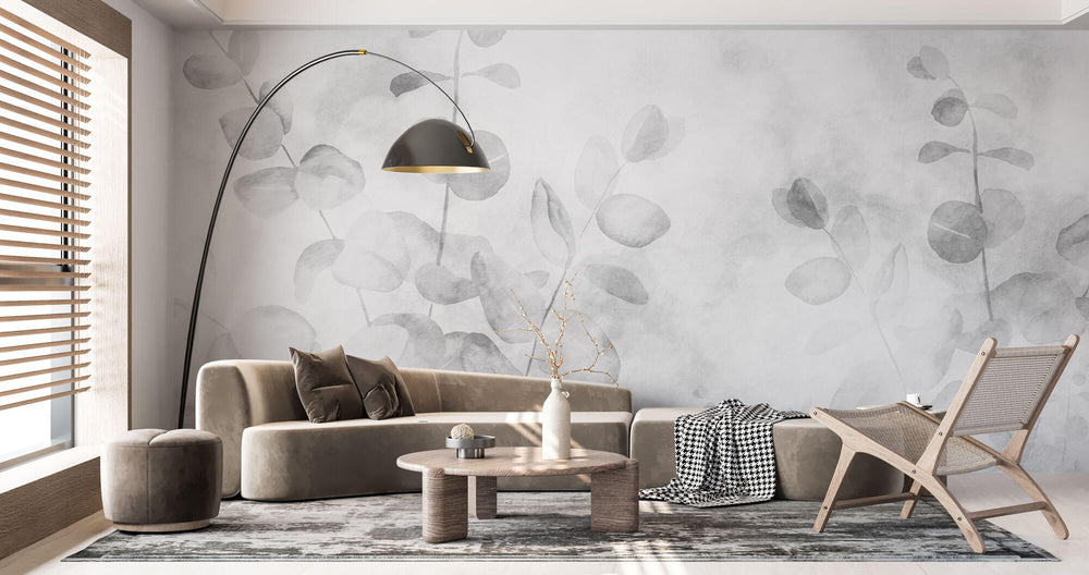 Tapet Personalizat Leaf cu frunze de eucalipt in alb negru - GREY EUCALYPTUS