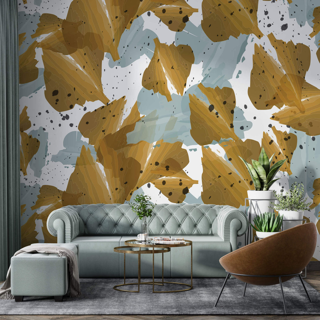 Tapet Personalizat Leaf cu frunze abstracte in nuante aramii si albastre - ABSTRACT MUSTARD LEAVES