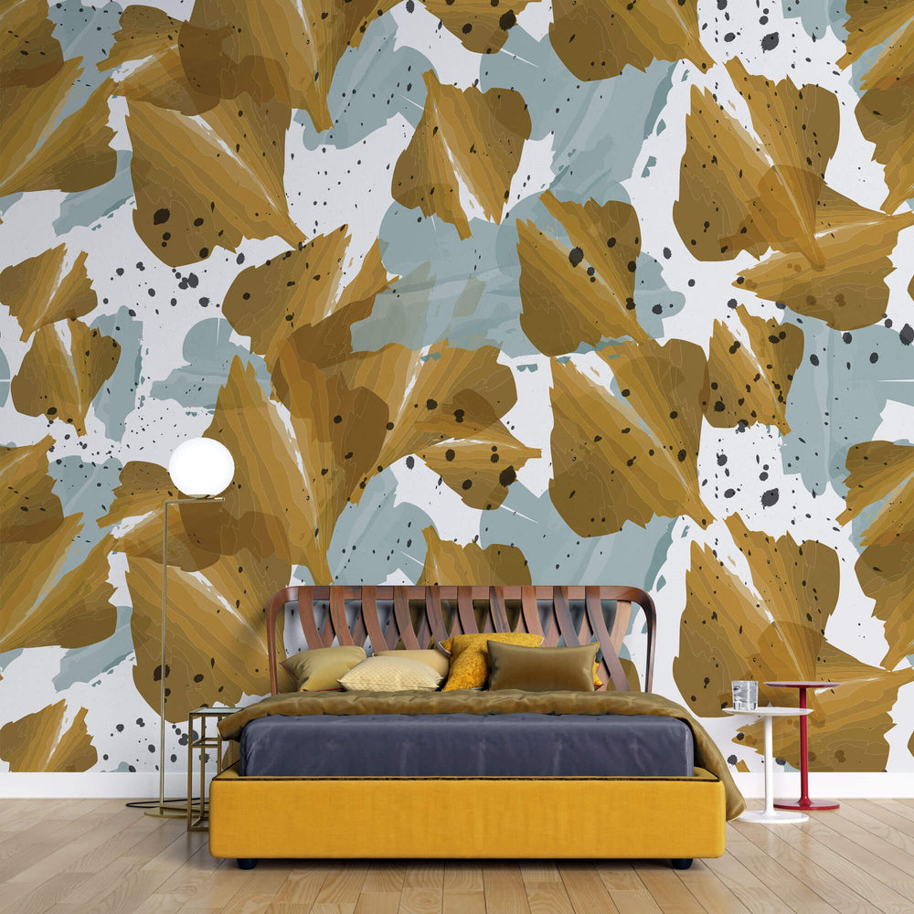 Tapet Personalizat Leaf cu frunze abstracte in nuante aramii si albastre - ABSTRACT MUSTARD LEAVES