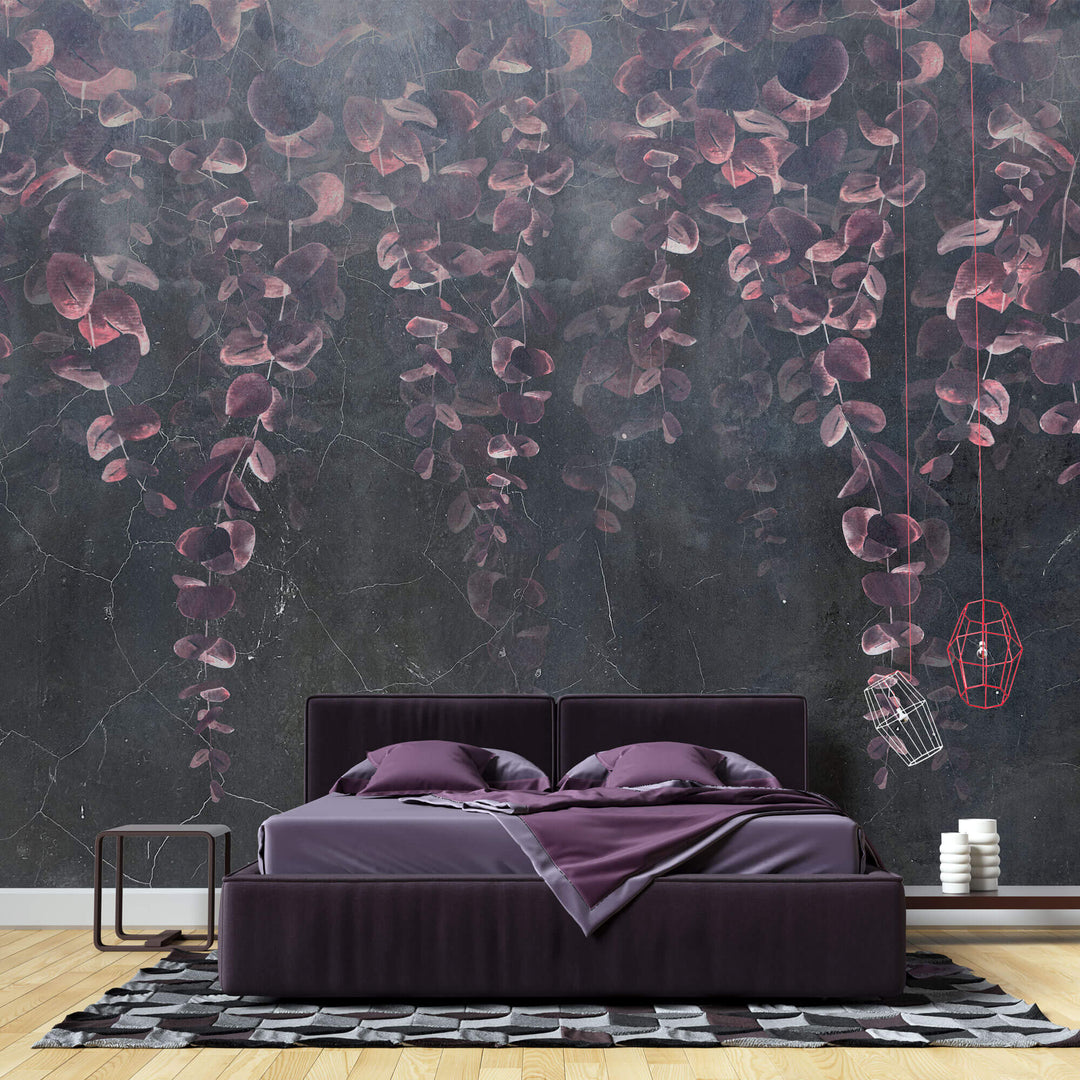 Tapet Personalizat Leaf cu frunze de eucalipt roz intr-un fundal negru de stucco crapat - TINY PURPLE LEAVES