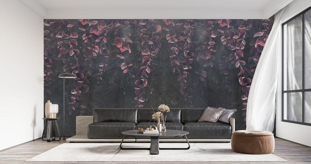 Tapet Personalizat Leaf cu frunze de eucalipt roz intr-un fundal negru de stucco crapat - TINY PURPLE LEAVES
