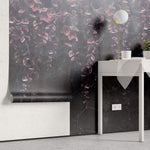 Tapet Personalizat Leaf cu frunze de eucalipt roz intr-un fundal negru de stucco crapat - TINY PURPLE LEAVES