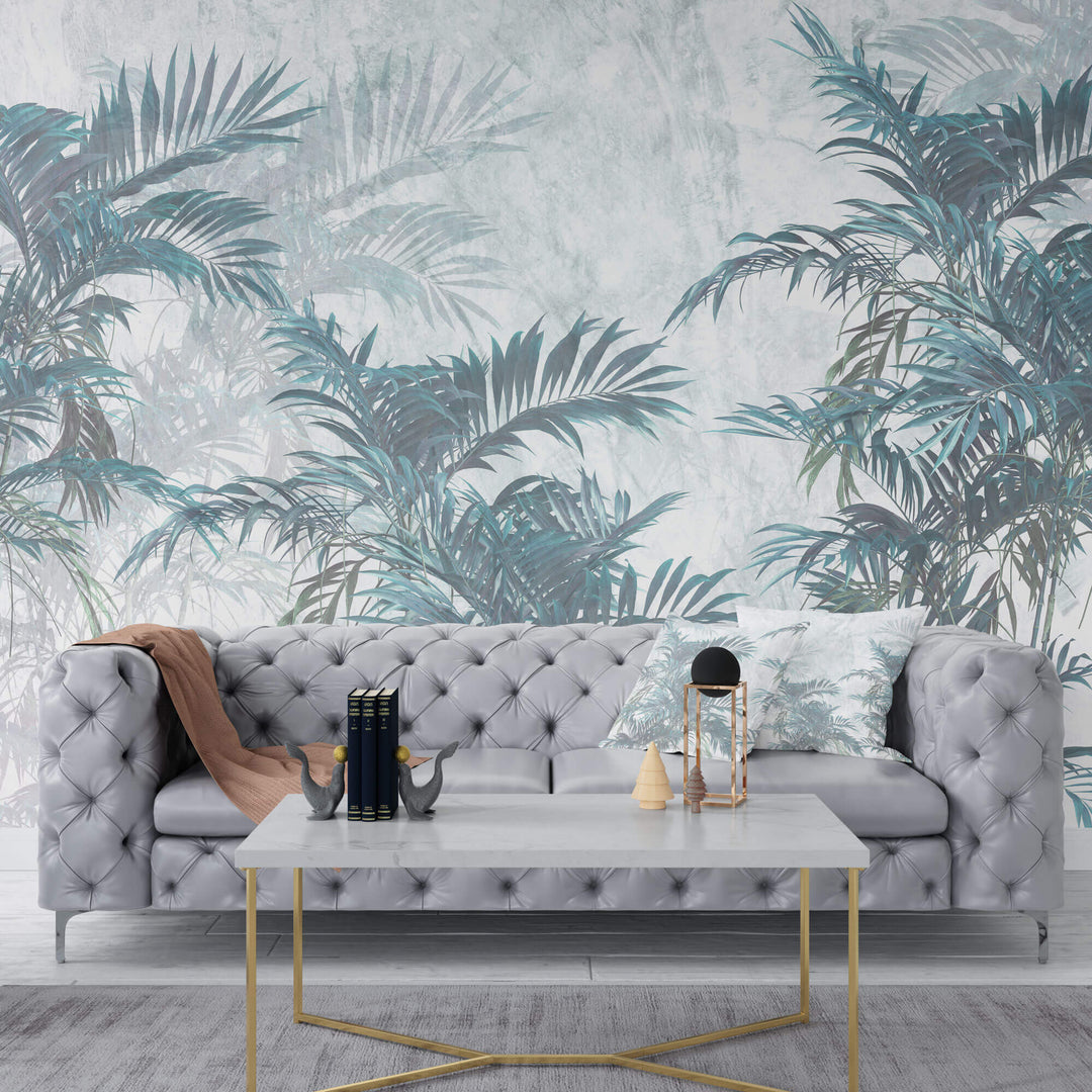 Tapet Personalizat Leaf cu palmieri in nuante de albastru - INTENSE CYAN PALMS