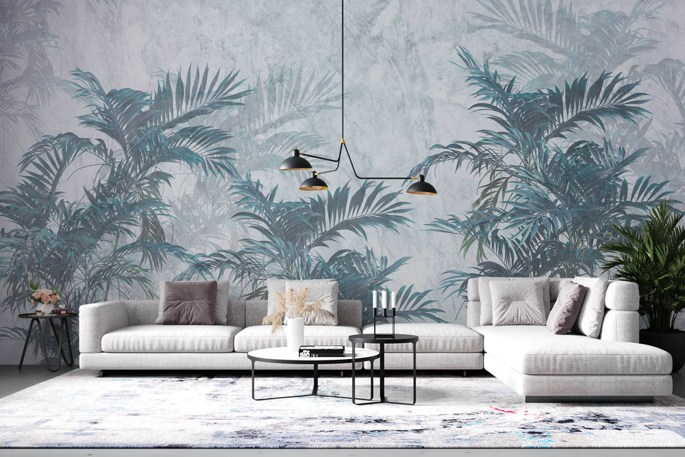 Tapet Personalizat Leaf cu palmieri in nuante de albastru - INTENSE CYAN PALMS