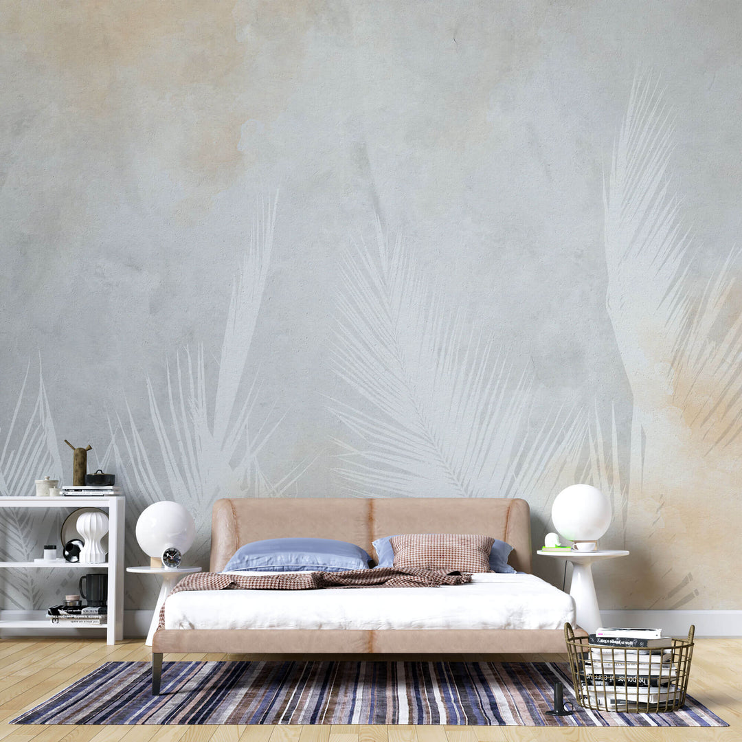 Tapet Personalizat Leaf cu frunze de palmieri albe intr-un fundal gri-piersica - PEACHY GREY PALM