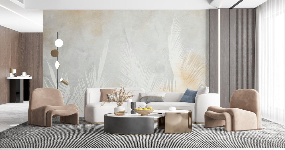 Tapet Personalizat Leaf cu frunze de palmieri albe intr-un fundal gri-piersica - PEACHY GREY PALM