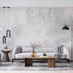 Tapet Personalizat Leaf cu frunze albe de palmier intr-un fundal gri ciment - WHITE PALM LEAVES